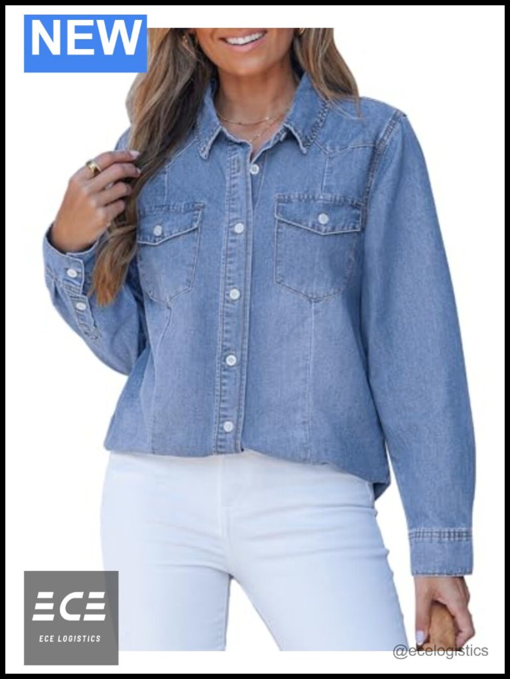 Womens Denim Button Down Shirt Long Sleeve Chambray Western Jean Top